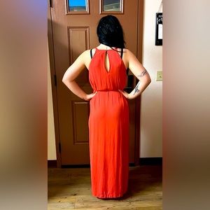 Maxi side split dress, short slip underneath, dark coral color, sleeveless